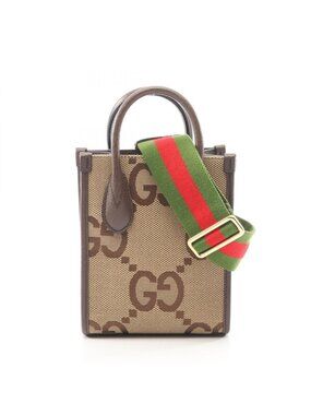Gucci Tote Bag Jumbo GG 2-Way Beige Brown Green Canvas Leather Mini
